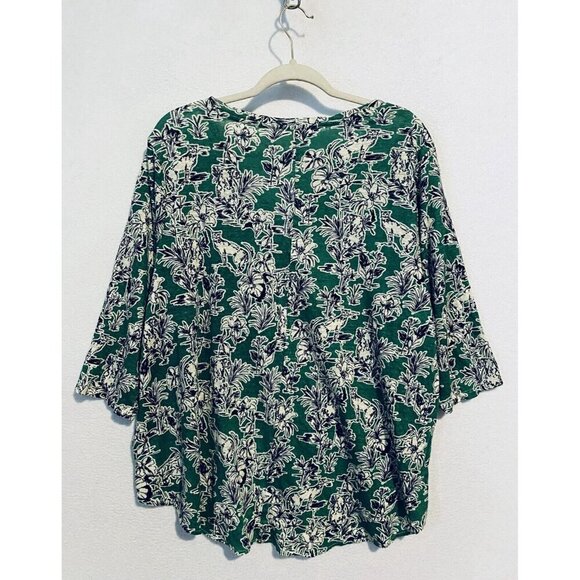 C and C California Top Women 2X Green Tropical Linen Floral Bobcat Jungle Boho - Picture 3 of 6